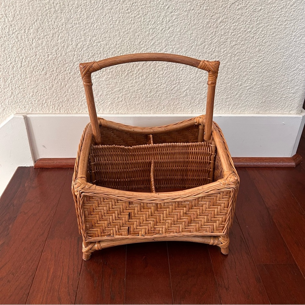 Vintage Square Bamboo Wicker Basket Utensil Caddy Storage Organizer with hamdle